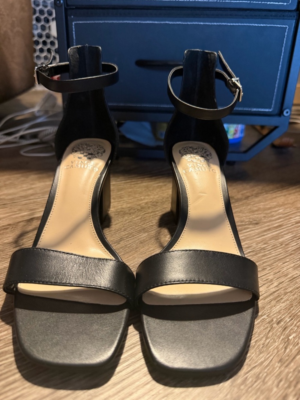 Vince Camuto Black Ankle-Strap Square-Toe Block Heels